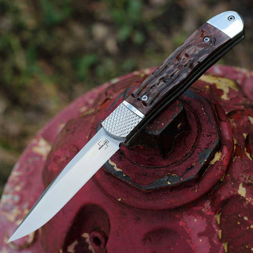 Boker Plus Hidden Release Trapper (01BP0029) 3.14" D2 Satin Drop Point Plain Blade, Appaloosa Bone Handle, Hidden Bolster Release