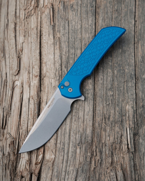 Pro-Tech Mordax Button Lock Folding Knife (MX105-Blue-Gridlock) - 3.62" MAGNACUT Stonewash Blade, Blue Gridlock Textured Aluminum Handle