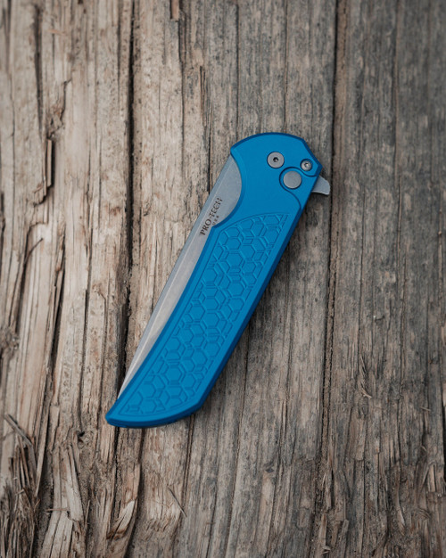 Pro-Tech Mordax Button Lock Folding Knife (MX105-Blue-Gridlock) - 3.62" MAGNACUT Stonewash Blade, Blue Gridlock Textured Aluminum Handle