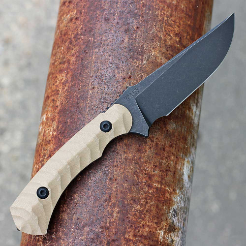 Toor Knives Brauler Fixed Blade (TK8235) 3.8" CPM-CruWear  Blackwash Drop Point Plain Blade, Omaha Tan Handle, Full Tang, FlexTech Velvet Lined Kydex Sheath