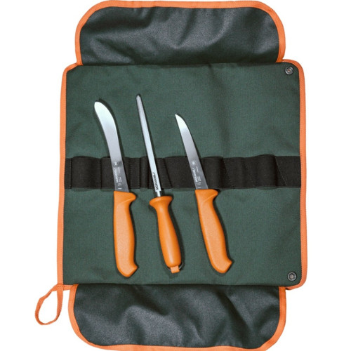 Morakniv 3-PC Hunting Kit (M-14522) - 5.27" SS Flex Blade Narrow Boning Knife, 6.45" SS Stiff Blade Butcher Knife and 7" Sharpening Steel  Burnt Orange Polymer Handles