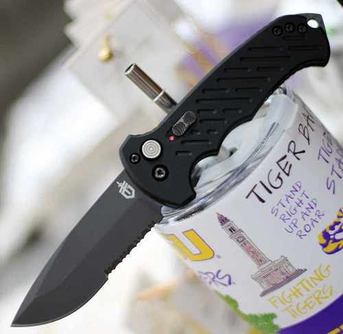 Gerber 06 Auto 10th Anniversary Automatic (G0377) 3.6" CPM S30V Black Drop Point Partially Serrated Blade, Black Aluminum Handle