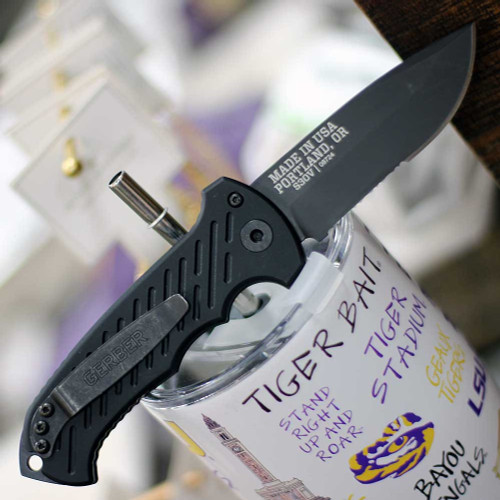 Gerber 06 Auto 10th Anniversary Automatic (G0377) 3.6" CPM S30V Black Drop Point Partially Serrated Blade, Black Aluminum Handle