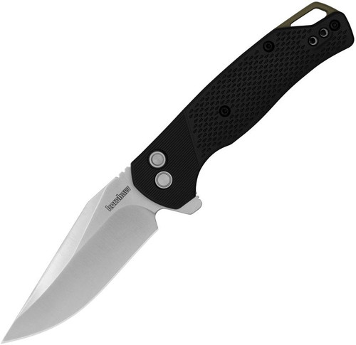 Kershaw Runoff 1429 button lock knife open view showing the 3.1-inch satin clip point blade and black GFN handle.