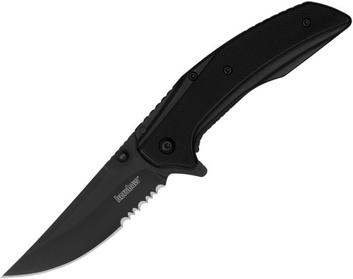 Kershaw Outright 8320BLKST assisted opening knife open view showing the 3-inch black trailing point blade and black G-10 handle.