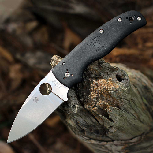 Spyderco Shaman Lightweight C229PBK open — CTS BD1N satin flat grind drop point, black FRN handle, Compression Lock, made in USA