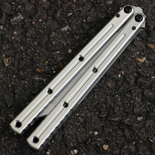 Squid Industries Krake Raken V3 (KrakeRakenV3SilMatTan) 4.50" AEB-L Matte Tanto Plain Blade, Silver Aluminum Handle