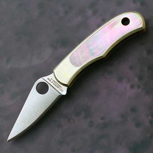 Spyderco Bug C133A nickel silver handle with genuine abalone inlays open view showing 12C27 satin blade