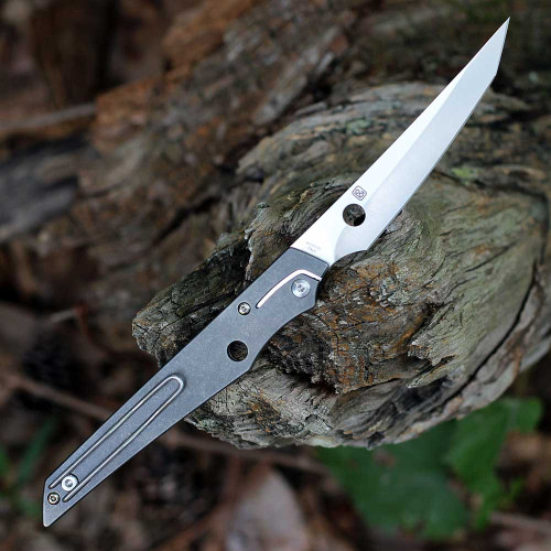 Spyderco Cobol C273TI gray titanium handle open view showing Bohler M390 satin hybrid tanto plain blade