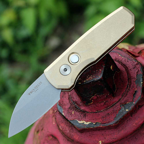 Pro-Tech Runt 5 Automatic (PTR5310)  1.9" Stonewash Magnacut Wharncliffe Plain Blade, Solid ALBronze Handle, Pearl Push Button, Satin Hardware