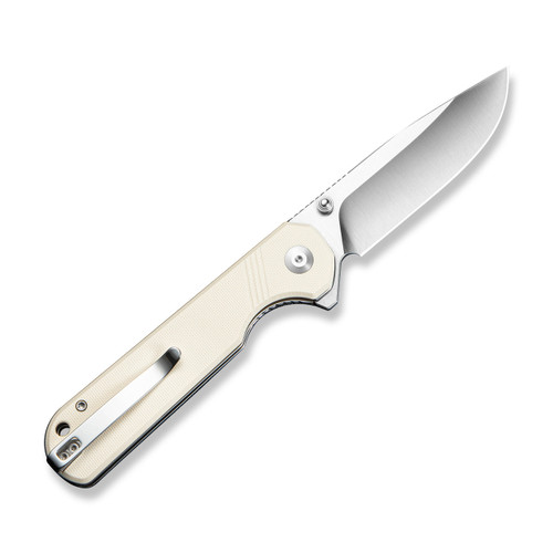 SENCUT Aetheris Flipper & Thumb Stud Knife Ivory G10 Handle (3.68" 9Cr18MoV Clip Point Satin Finished Blade) Liner Lock, S24095-1