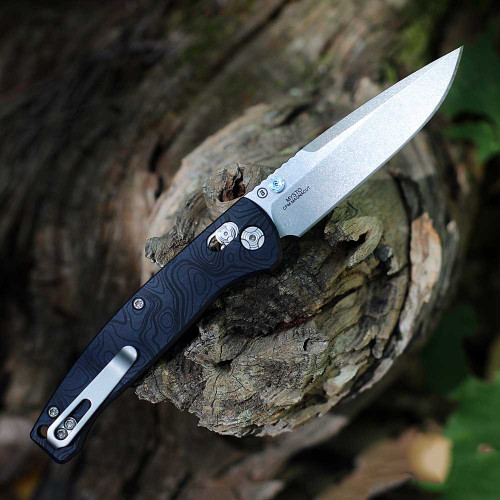Hogue Mysto Water Manual Folder (24456) - 3.4" CPM Magnacut Stone Tumbled Clip Point Plain Blade, Blue Canyon Richlite Handle