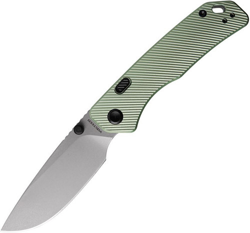 Vosteed Marten- Thumb Stud Knife 2.98" 154CM Stonewashed Drop Point Blade, Green Aluminum Handles, Hard Case, Button/Top Liner Lock, Reversible Black Stainless Steel Pocket Clip - A1602