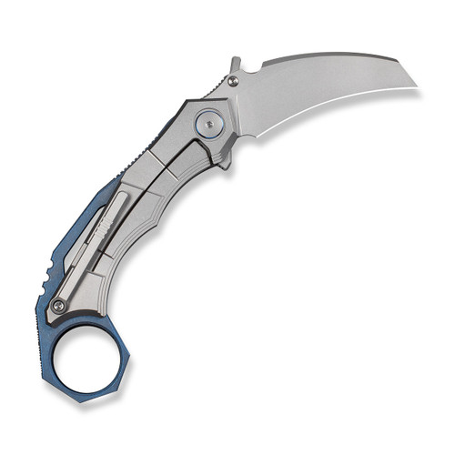 WEKNIFE Tayra Flipper- Gray Titanium Handle Blue Titanium Integral Backspacer & Finger Ring (2.19" Stonewashed Hawkbill Bohler M390 Blade) Frame Lock, WE24069-2
