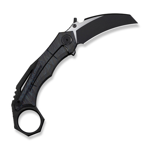 WEKNIFE Tayra Flipper- Tiger Stripe Pattern Flamed Titanium Handle, Black Titanium Integral Backspacer & Finger Ring (2.19" Black Stonewashed Hawkbill Bohler M390 Blade, Satin Flat) Frame Lock, WE24069-4