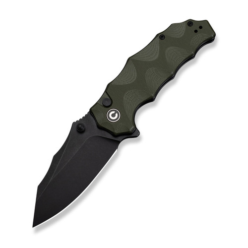 CIVIVI Natterjack Front Flipper & Thumb Stud/Button Lock Knife, Milled OD Green G10 Handles (3.19" Black Stonewashed Clip Point 14C28N Blade) Reversible Clip, C24028-1