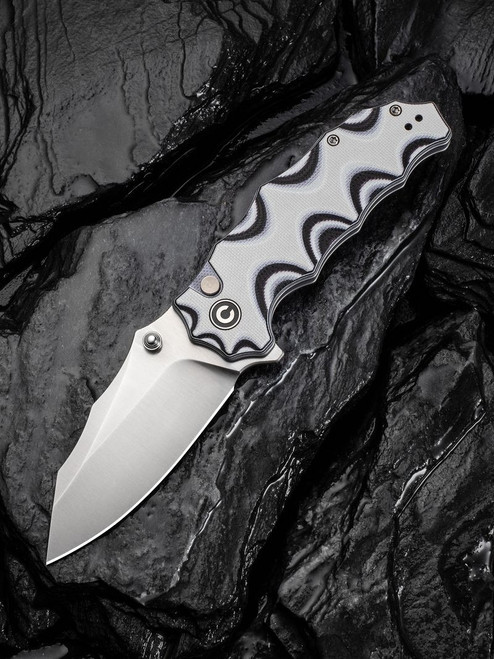CIVIVI Natterjack Front Flipper & Thumb Stud/Button Lock Knife, Milled White/Black Layered G10 Handles (3.19" Satin Finished Clip Point 14C28N Blade) Reversible Clip, C24028-3