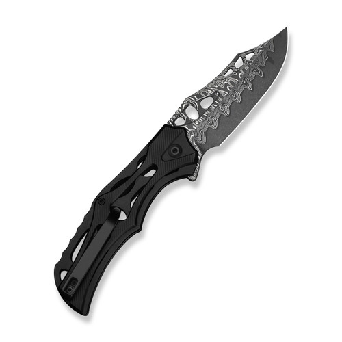 CIVIVI Biophase Flipper & Button Lock Knife, Black Aluminum Handles (3.48" Damascus, Clip Point Blade) Reversible Clip, C23083-DS1
