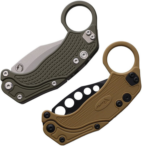 Reate EXO-K Gravity (REA118) 3.13" Stone wash Bohler N690 Hawkbill Plain Blade, Green Aluminum Handle, Button Lock