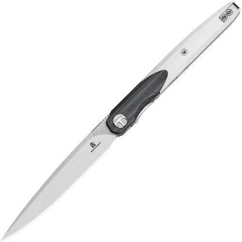 Bestechman Lanza (BTKMK14A) 3.5" 14C28N Satin Drop Point Plain Blade, Black and White G-10 Handle