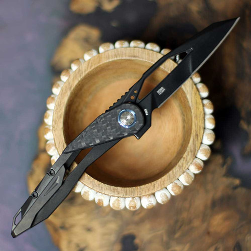 Columbia River CRKT - Nucleus Frame Lock Flipper- Black Titanium with Carbon Fiber Overlay Handles, 3.23" CPM-MagnaCut Blackwashed reverse Tanto Plain Blade, Frame Lock (5671) with IKBS™ Ball Bearing Pivot