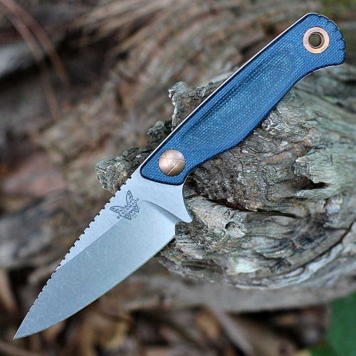 Benchmade Dacian Fixed Blade (203-04) - 3.54 in Stonewash Polish CPM-MagnaCut Plain Edge Spear Point Blade, Blue Denim Micarta Handle with Molded - Brown Leather Sheath