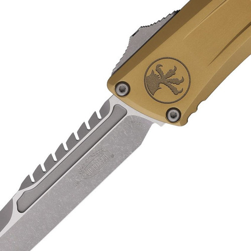 Microtech Combat Troodon Intercepto Gen III OTF (MCT121710APTAS) 4.0" Bohler M390MK Apocalyptic Finish Intercepto Plain Blade , Tan Anodized Aluminum Handle, Glass Breaker, Titanium Clip
