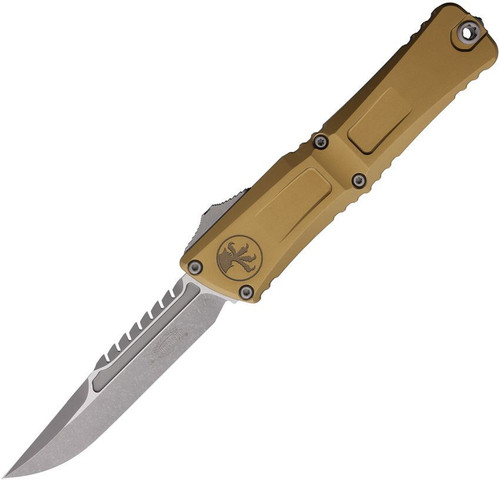 Microtech Combat Troodon Intercepto Gen III OTF (MCT121710APTAS) 4.0" Bohler M390MK Apocalyptic Finish Intercepto Plain Blade , Tan Anodized Aluminum Handle, Glass Breaker, Titanium Clip