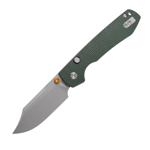 Vosteed Raccoon Top Liner Lock (VOSA2911) 3.25" Sandvik 14C28N Grey Plain Bowie Blade, Gold Thumb Stud, Green Micarta Handle