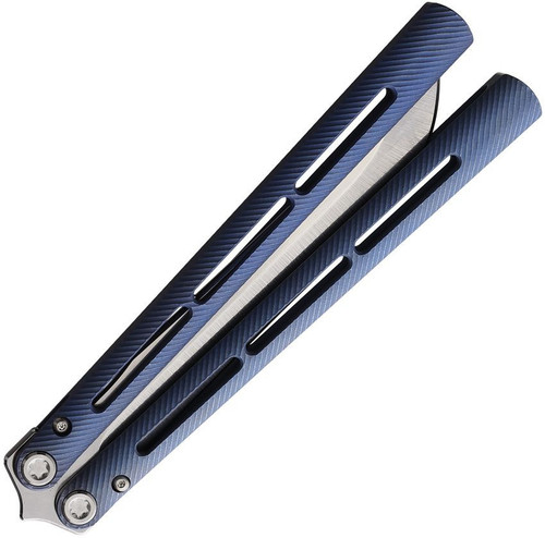 Medford Knife & Tool Viceroy Balisong Butterfly Knife - 4.85" Tumbled CPM-S45VN Drop Point Plain Blade, Blue Anodized Titanium Handle