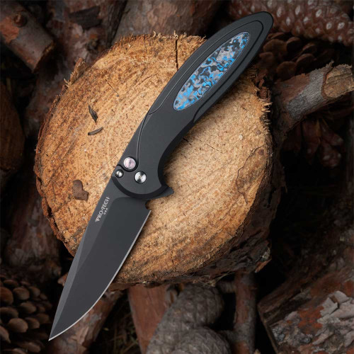 Pro-Tech Cambria Flipper (CF2103-LTD TC Blue) - 3.5"  DLC Black CPM-Magnacut Drop Point Plain Blade, Black Aluminum Handle with TechnoCarbo Blue Inlay, Black Lip Pearl Button, Satin Hardware, Black Pocket Clip