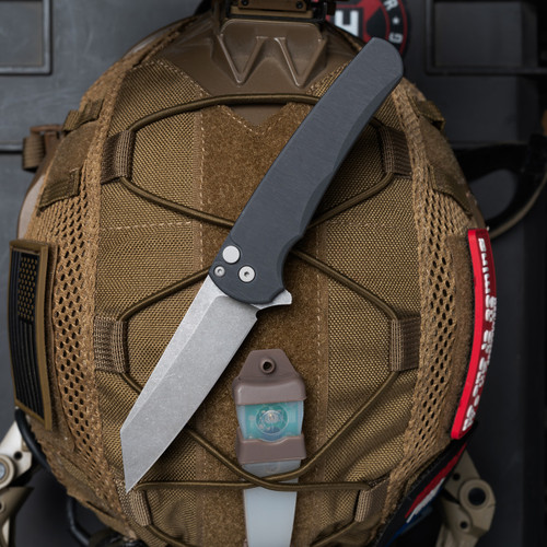 Pro-Tech Malibu Button Lock Flipper (5401-AW) - 3.5" CPM-MagnaCut AcidWash Reverse Tanto Blade, Smooth Black Aluminum Handle with Black DLC Deep Carry Clip