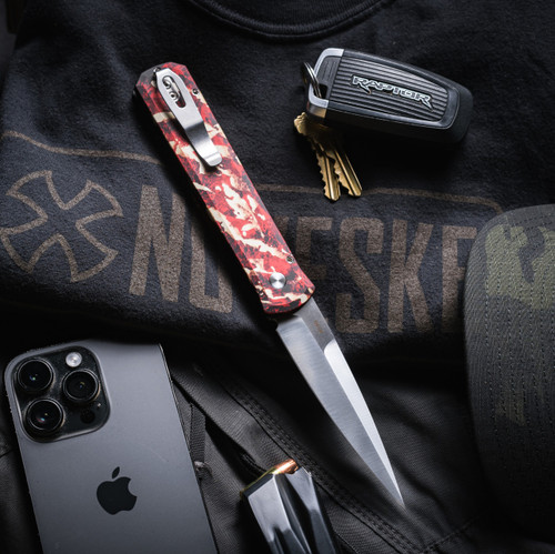 Pro-Tech Godfather, Italian Inspiration Automatic Knife - 4" Satin 154CM Stiletto Blade, Crimson Tiger Camo Aluminum Handle with Abalone Inlay Button, open back view