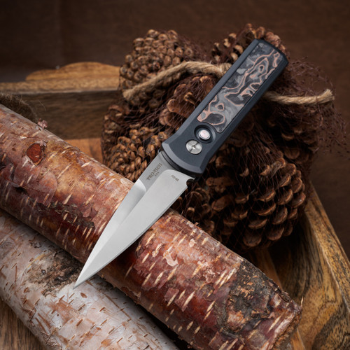 Pro-Tech Knives Godson Livewire (7210-Livewire-20CV) 3.15" Satin CPM-20CV Spear Point Plain Blade, Black Aluminum Handle with Livewire Copper Carbon Fiber Inlays, Polished Deep Carry Clip