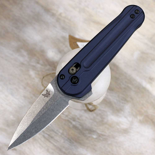 Benchmade Lowden Carter Blue Aluminum (491) - 2.79 Satin M390 Spear Point Plain Blade, Carter Blue Aluminum Handle