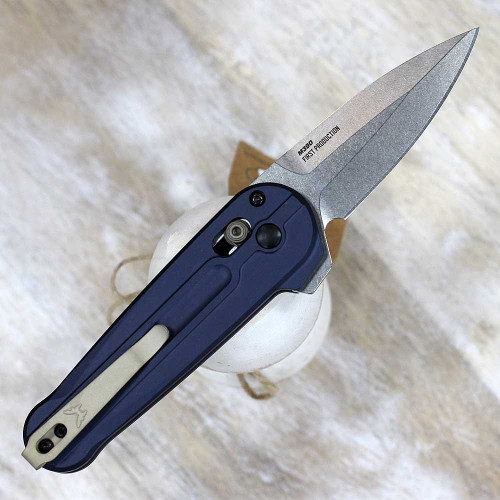 Benchmade Lowden Carter Blue Aluminum (491) - 2.79 Satin M390 Spear Point Plain Blade, Carter Blue Aluminum Handle