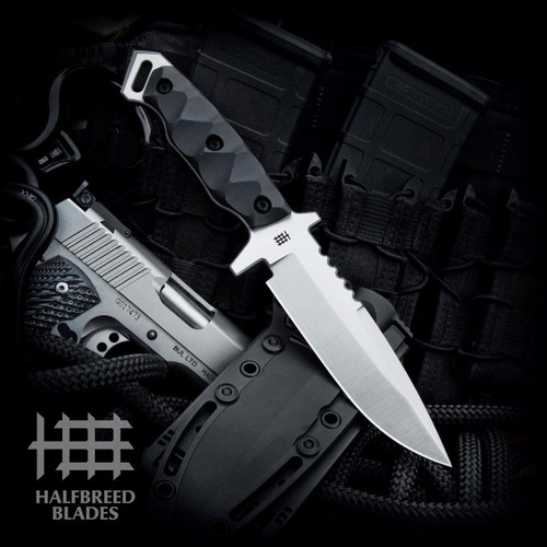 Halfbreed Blades Medium Infantry Knife Generation 2 (MIK-03P-GEN-2-SATIN) 5.31" SAN-VG10 Satin Drop Point Plain Blade, Black G10 Handle, Black Kydex Sheath