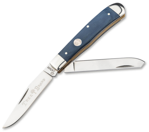 Boker Treebrand Trapper 110887 D2 clip and spey with Denim Canvas Micarta