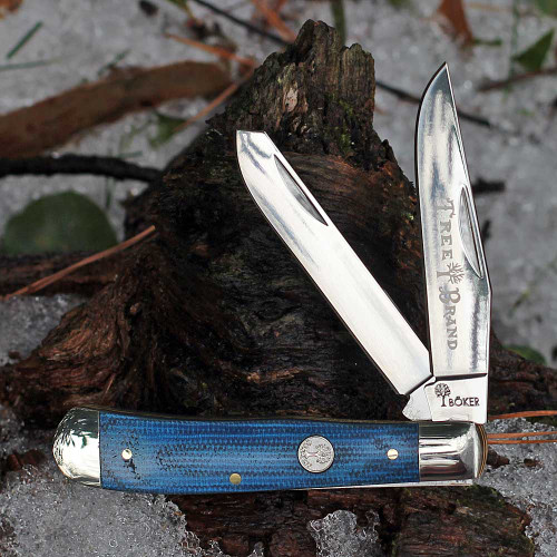 Boker Treebrand Trapper 110887 D2 clip and spey with Denim Canvas Micarta