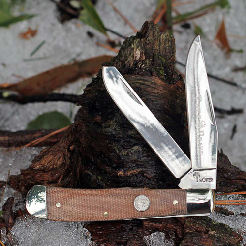 Boker Treebrand Trapper 110889 with brown Canvas Micarta and polished bolsters
