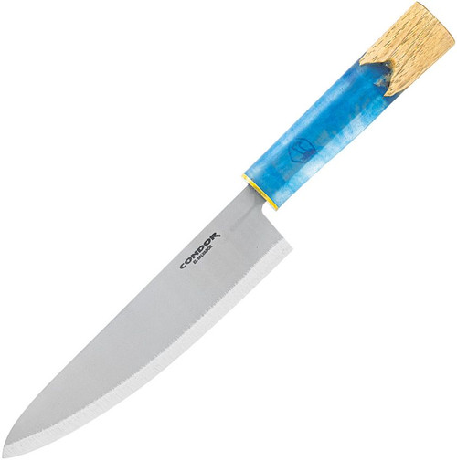 Condor Shefu Gyuto Knife (CTK500278R) 7.8" 440C Blasted Satin Drop Point Plain Blade, Blue and Clear Epoxy Resin and Hickory Handle, Full Tang, Brown Leather Sheath