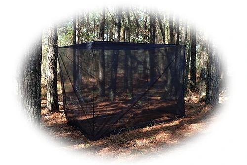 The ESEE Dengue™ Mosquito Net (ESEE-DENGUE-NET) in black DEET-resistant polyester, shown with its top tie loops and bottom corner stake loops, and its orange stuff sack.