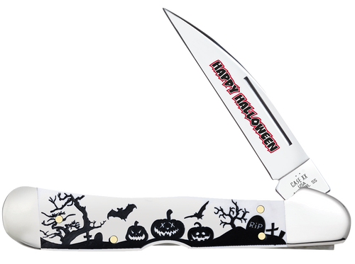 Case Copperlock 10641 2025 Happy Halloween knife open with 3.75" stainless steel blade and white synthetic Jack-O-Lantern handle — available at Knifeworks.