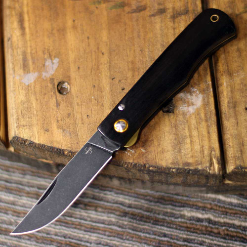 Boker Plus Rusticus All Black (01BP0040) 3.34" 420 Black Drop point Plain Blade, Black Wood Handle, Linerlock, Gold Accents