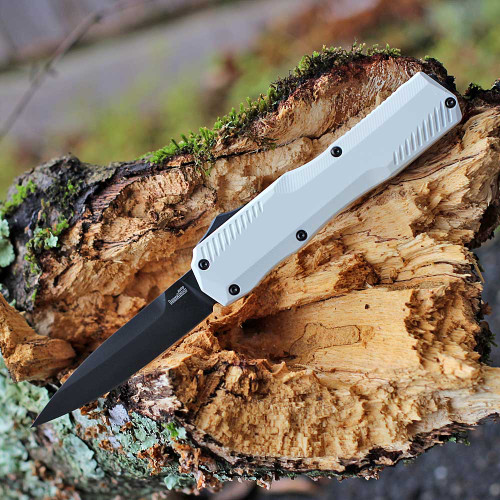 Kershaw Livewire Trooper 9000WBLK OTF automatic knife open view showing the 3.3-inch black MagnaCut blade and white aluminum handle.