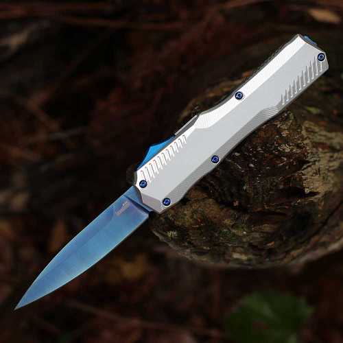 Kershaw Livewire Cryo 9000RAWBLU OTF automatic knife open showing the 3.3-inch blue MagnaCut blade and raw aluminum handle.