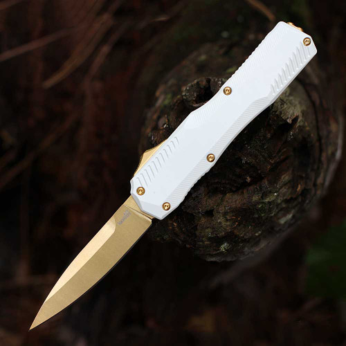 Kershaw Livewire Pope 9000WGLD OTF automatic knife open showing the 3.3-inch gold MagnaCut blade and white aluminum handle.