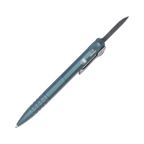 CobraTec Knives Double Action OTF Pen Knife (CNCOTFPGRYGEN2) 1.75" Black Drop Point Blade, Blue/Gray Aluminum Body, Black Ink