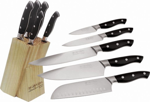 Hen & Rooster 5-Piece Kitchen Knife Block Set — Pine Block, Satin Finish, 3Cr13 Stainless