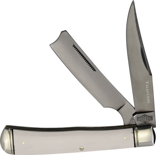 Rough Ryder Trapper RR2656 – Titanium Coated 440A Clip & Razor Blades, Tuxedo White Micarta Handle
